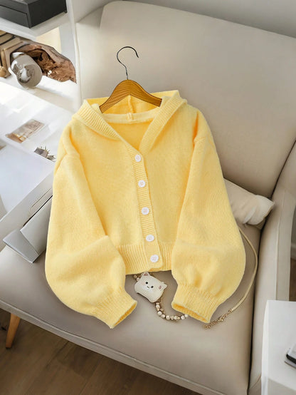 Genkimix Kids Girls' Fashion Casual Fresh Short Solid Color Autumn/Winter Hooded Knit Cardigan Sweater