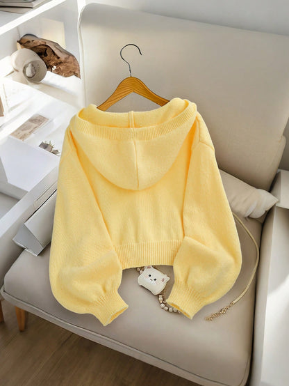 Genkimix Kids Girls' Fashion Casual Fresh Short Solid Color Autumn/Winter Hooded Knit Cardigan Sweater