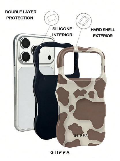 GIIPPA 1pc Khaki Base With Brown Cow Print Design, Phone 17 Pro Max Wavy Phone Case, Compatible With Phone 16 Pro Max, 15 Pro Max, 14 Pro Max, Korean Style High-End Fashion Fun Phone Case, Compatible