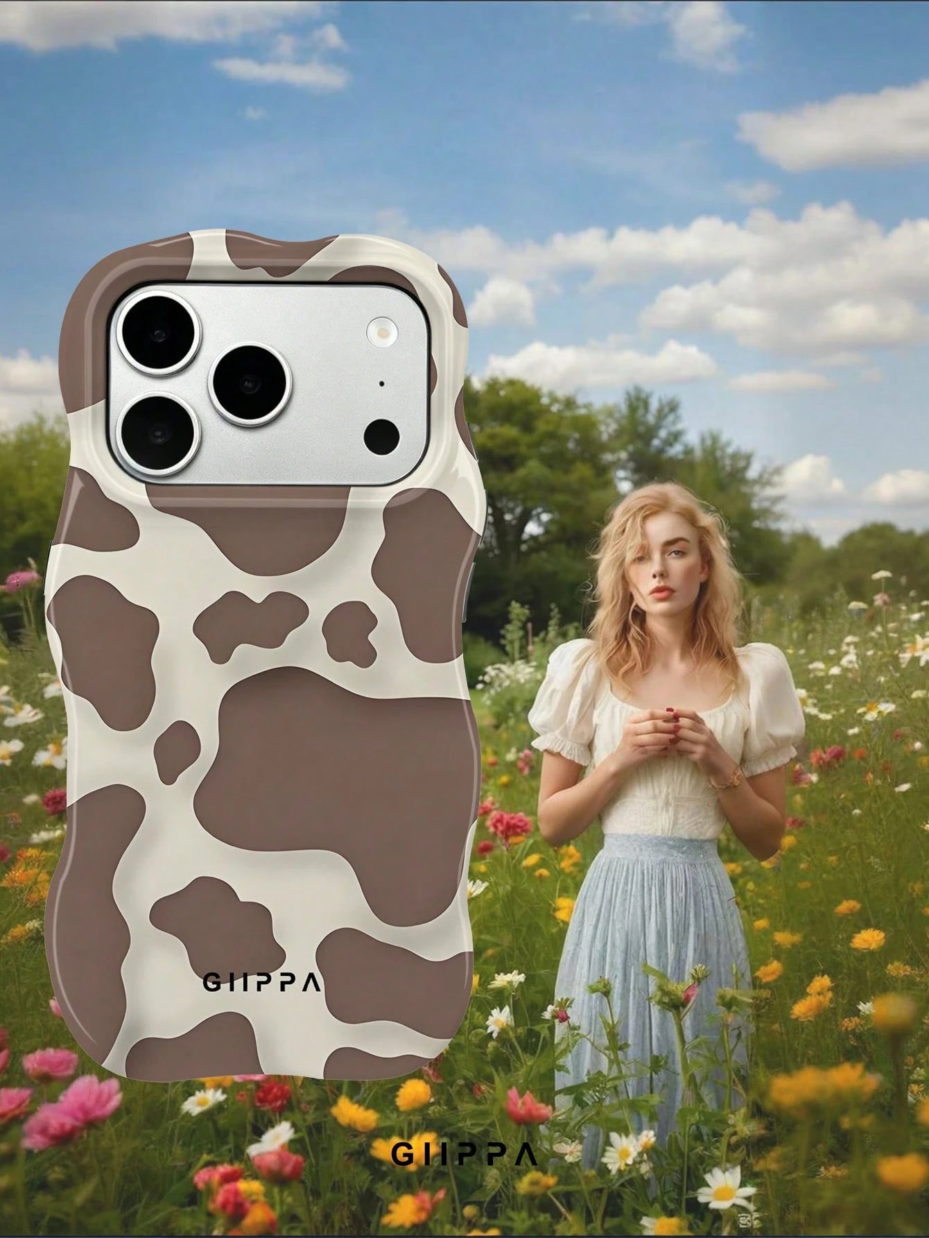 GIIPPA 1pc Khaki Base With Brown Cow Print Design, Phone 17 Pro Max Wavy Phone Case, Compatible With Phone 16 Pro Max, 15 Pro Max, 14 Pro Max, Korean Style High-End Fashion Fun Phone Case, Compatible