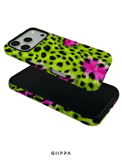GIIPPA 1pc Neon Green And Neon Pink Leopard Print Design, Phone 17 Pro Max Phone Case, Compatible With Phone 16 Pro Max, 15 Pro Max, 14 Pro Max, Korean Style High-End Fashion Fun Phone Case, Compatibl
