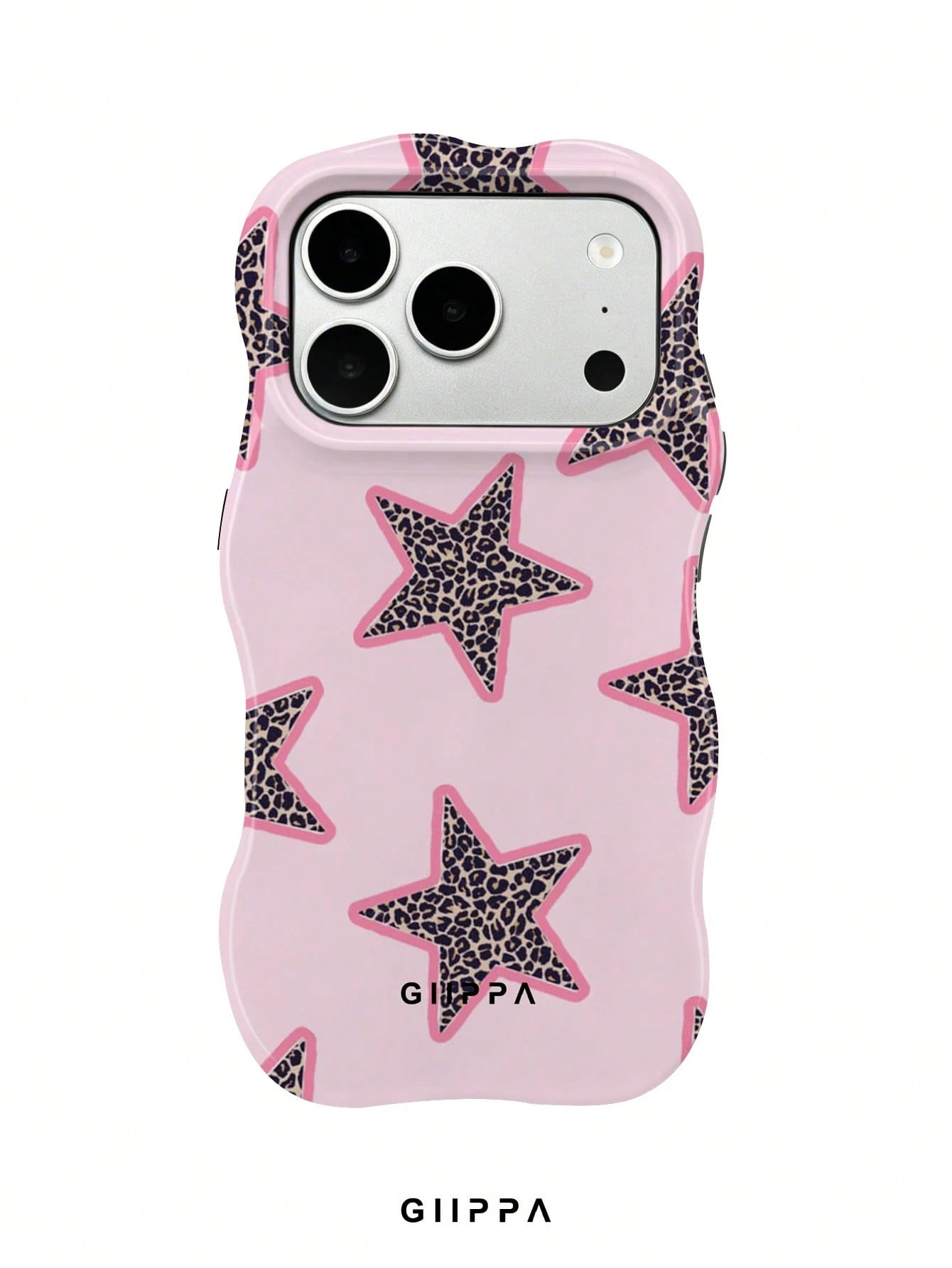 GIIPPA 1pc Pink Base With Leopard Print Star Pattern Design, Phone 17 Pro Max Wavy Phone Case, Compatible With Phone 16 Pro Max, 15 Pro Max, 14 Pro Max, Korean Style High-End Fashion Fun Phone Case, C