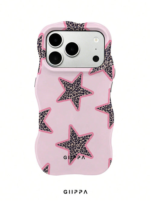 GIIPPA 1pc Pink Base With Leopard Print Star Pattern Design, Phone 17 Pro Max Wavy Phone Case, Compatible With Phone 16 Pro Max, 15 Pro Max, 14 Pro Max, Korean Style High-End Fashion Fun Phone Case, C