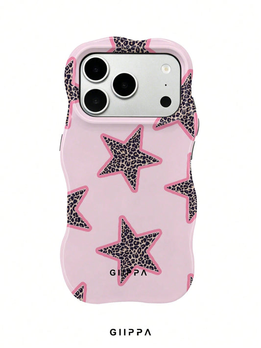 GIIPPA 1pc Pink Base With Leopard Print Star Pattern Design, Phone 17 Pro Max Wavy Phone Case, Compatible With Phone 16 Pro Max, 15 Pro Max, 14 Pro Max, Korean Style High-End Fashion Fun Phone Case, C