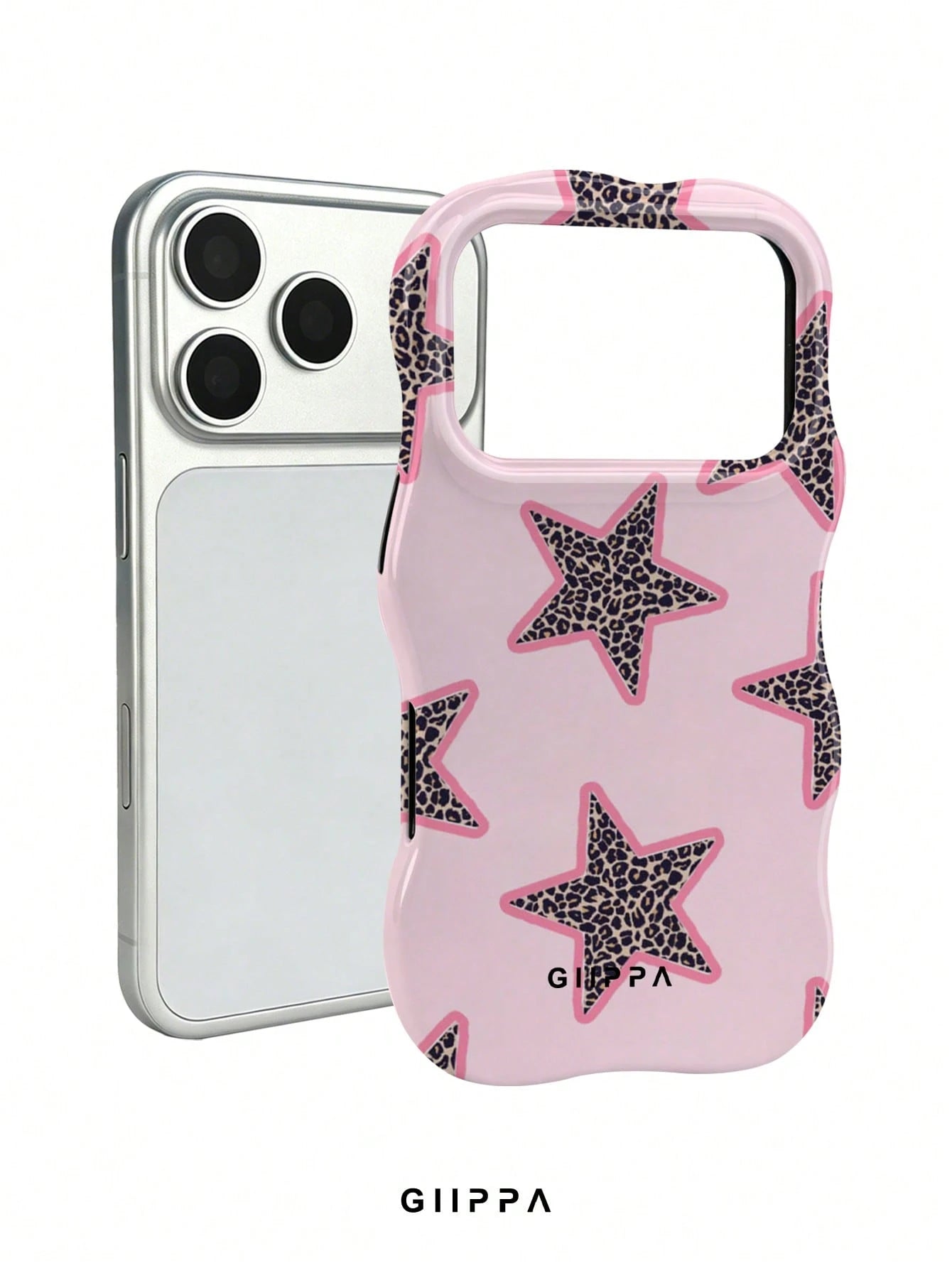 GIIPPA 1pc Pink Base With Leopard Print Star Pattern Design, Phone 17 Pro Max Wavy Phone Case, Compatible With Phone 16 Pro Max, 15 Pro Max, 14 Pro Max, Korean Style High-End Fashion Fun Phone Case, C