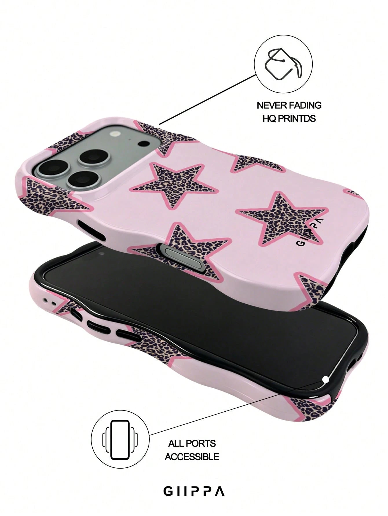 GIIPPA 1pc Pink Base With Leopard Print Star Pattern Design, Phone 17 Pro Max Wavy Phone Case, Compatible With Phone 16 Pro Max, 15 Pro Max, 14 Pro Max, Korean Style High-End Fashion Fun Phone Case, C