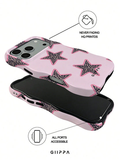 GIIPPA 1pc Pink Base With Leopard Print Star Pattern Design, Phone 17 Pro Max Wavy Phone Case, Compatible With Phone 16 Pro Max, 15 Pro Max, 14 Pro Max, Korean Style High-End Fashion Fun Phone Case, C