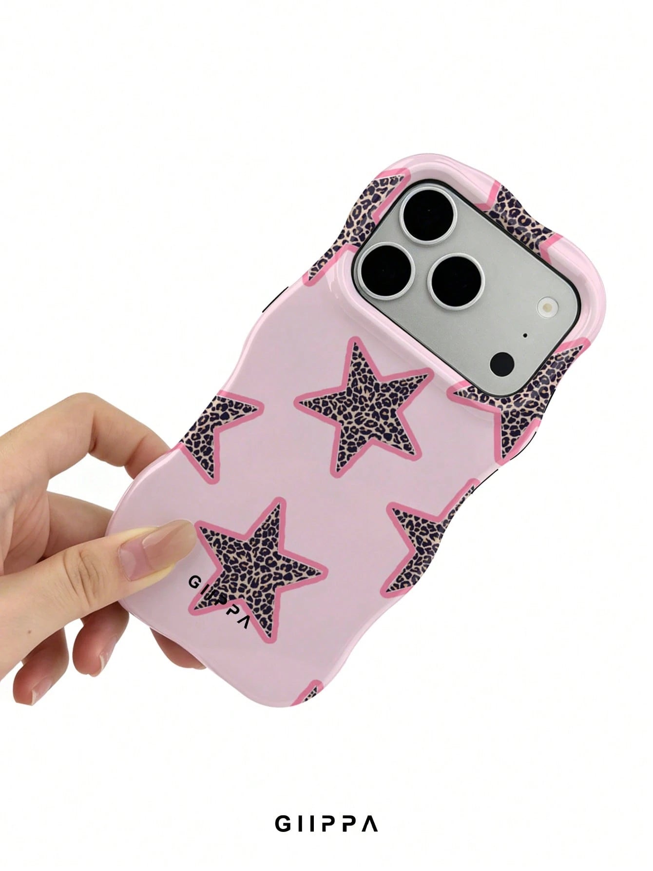 GIIPPA 1pc Pink Base With Leopard Print Star Pattern Design, Phone 17 Pro Max Wavy Phone Case, Compatible With Phone 16 Pro Max, 15 Pro Max, 14 Pro Max, Korean Style High-End Fashion Fun Phone Case, C