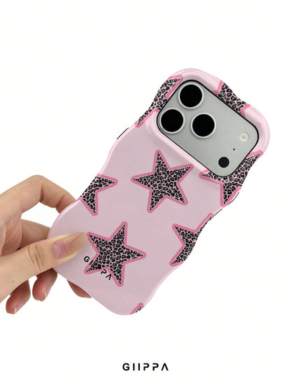 GIIPPA 1pc Pink Base With Leopard Print Star Pattern Design, Phone 17 Pro Max Wavy Phone Case, Compatible With Phone 16 Pro Max, 15 Pro Max, 14 Pro Max, Korean Style High-End Fashion Fun Phone Case, C