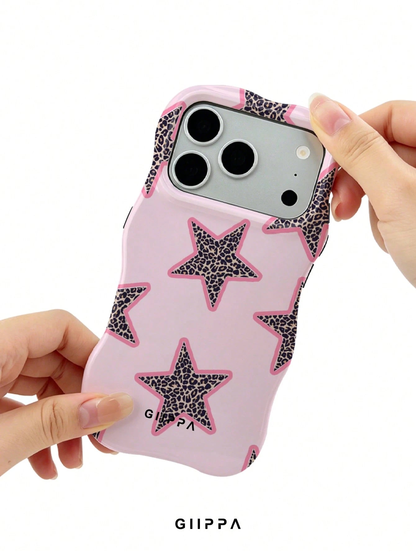GIIPPA 1pc Pink Base With Leopard Print Star Pattern Design, Phone 17 Pro Max Wavy Phone Case, Compatible With Phone 16 Pro Max, 15 Pro Max, 14 Pro Max, Korean Style High-End Fashion Fun Phone Case, C