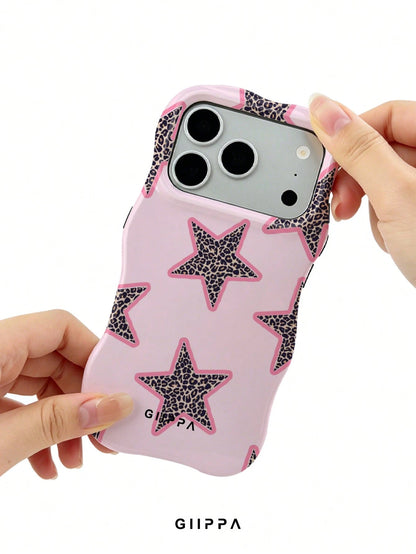 GIIPPA 1pc Pink Base With Leopard Print Star Pattern Design, Phone 17 Pro Max Wavy Phone Case, Compatible With Phone 16 Pro Max, 15 Pro Max, 14 Pro Max, Korean Style High-End Fashion Fun Phone Case, C