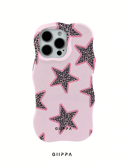 GIIPPA 1pc Pink Base With Leopard Print Star Pattern Design, Phone 17 Pro Max Wavy Phone Case, Compatible With Phone 16 Pro Max, 15 Pro Max, 14 Pro Max, Korean Style High-End Fashion Fun Phone Case, C