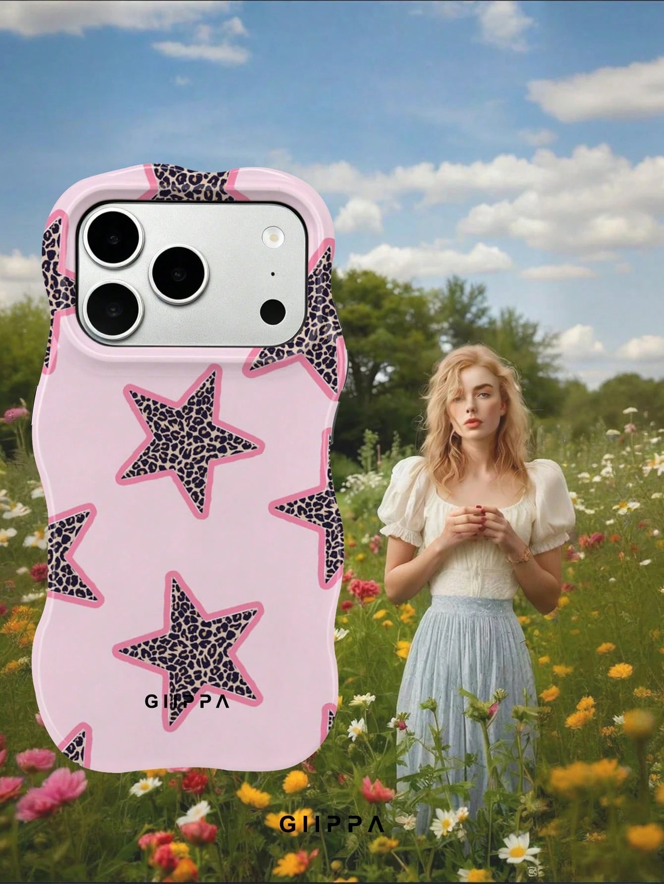 GIIPPA 1pc Pink Base With Leopard Print Star Pattern Design, Phone 17 Pro Max Wavy Phone Case, Compatible With Phone 16 Pro Max, 15 Pro Max, 14 Pro Max, Korean Style High-End Fashion Fun Phone Case, C
