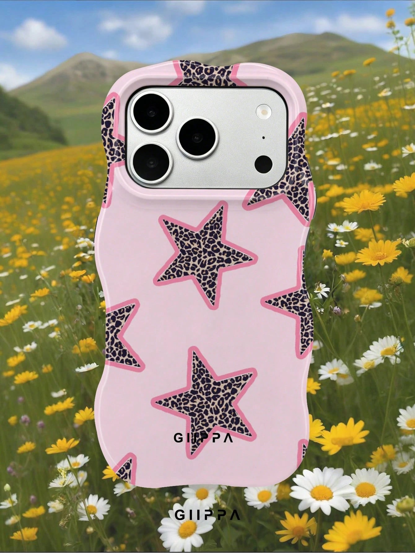 GIIPPA 1pc Pink Base With Leopard Print Star Pattern Design, Phone 17 Pro Max Wavy Phone Case, Compatible With Phone 16 Pro Max, 15 Pro Max, 14 Pro Max, Korean Style High-End Fashion Fun Phone Case, C