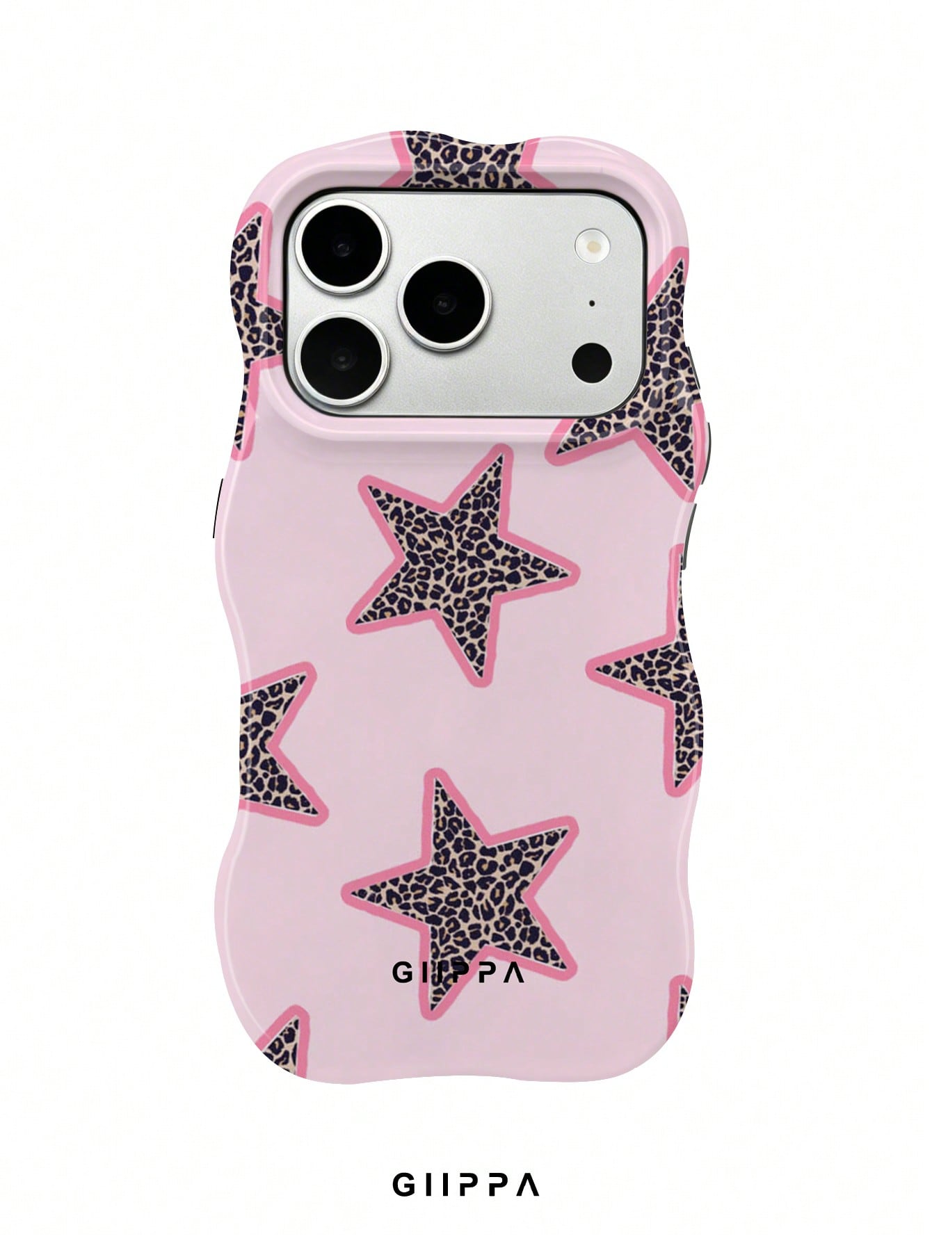 GIIPPA 1pc Pink Base With Leopard Print Star Pattern Design, Phone 17 Pro Max Wavy Phone Case, Compatible With Phone 16 Pro Max, 15 Pro Max, 14 Pro Max, Korean Style High-End Fashion Fun Phone Case, C