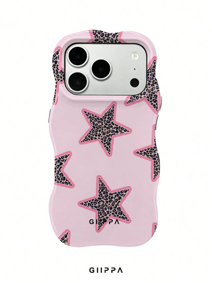 GIIPPA 1pc Pink Base With Leopard Print Star Pattern Design, Phone 17 Pro Max Wavy Phone Case, Compatible With Phone 16 Pro Max, 15 Pro Max, 14 Pro Max, Korean Style High-End Fashion Fun Phone Case, C
