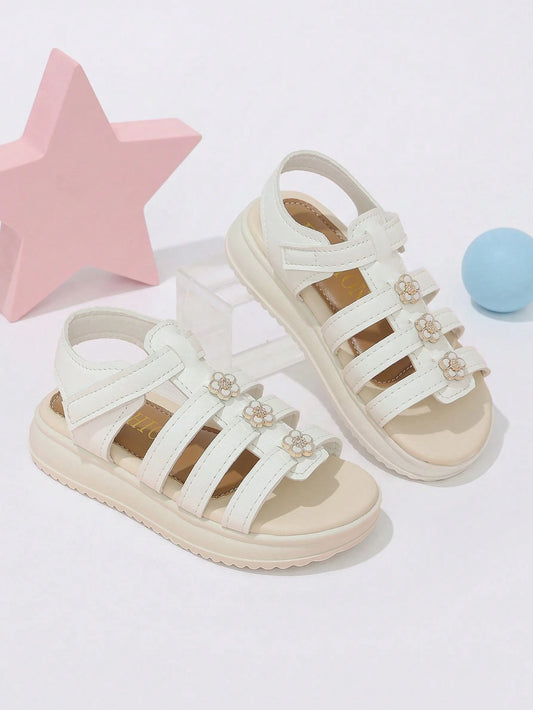Girls' Gentle Pure White Hook And Loop Sandals, White & Gold Floral Decor Open Toe Shoes, Suitable For Spring/Summer Outings And Daily Wear
