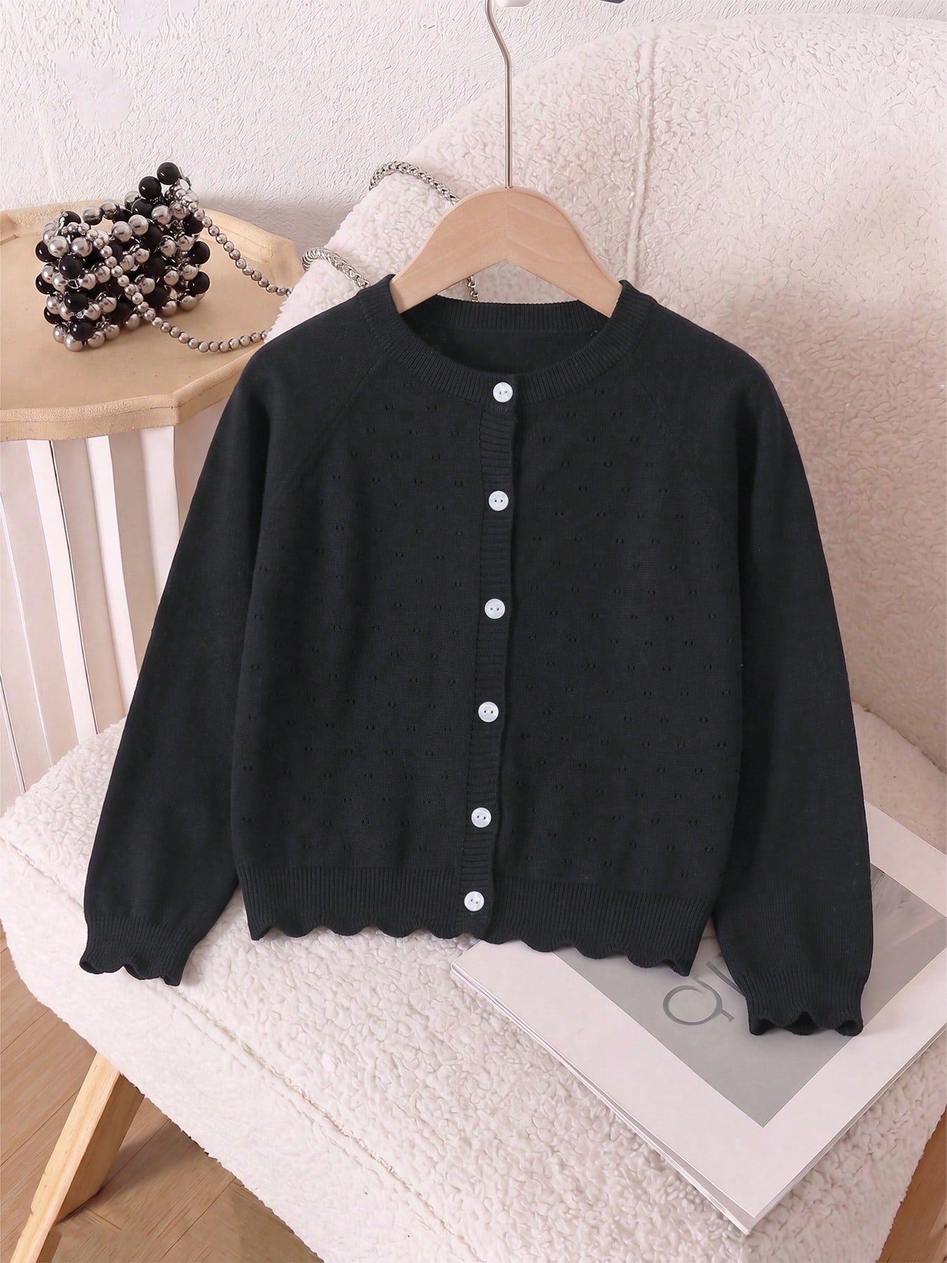 Girls' Solid Color Knitted Lightweight Cardigan, Suitable For Home Wear, Outings Or Eid Al-Fitr Gift