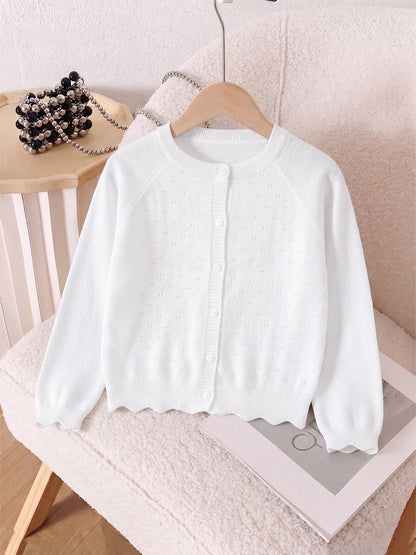 Girls' Solid Color Knitted Lightweight Cardigan, Suitable For Home Wear, Outings Or Eid Al-Fitr Gift
