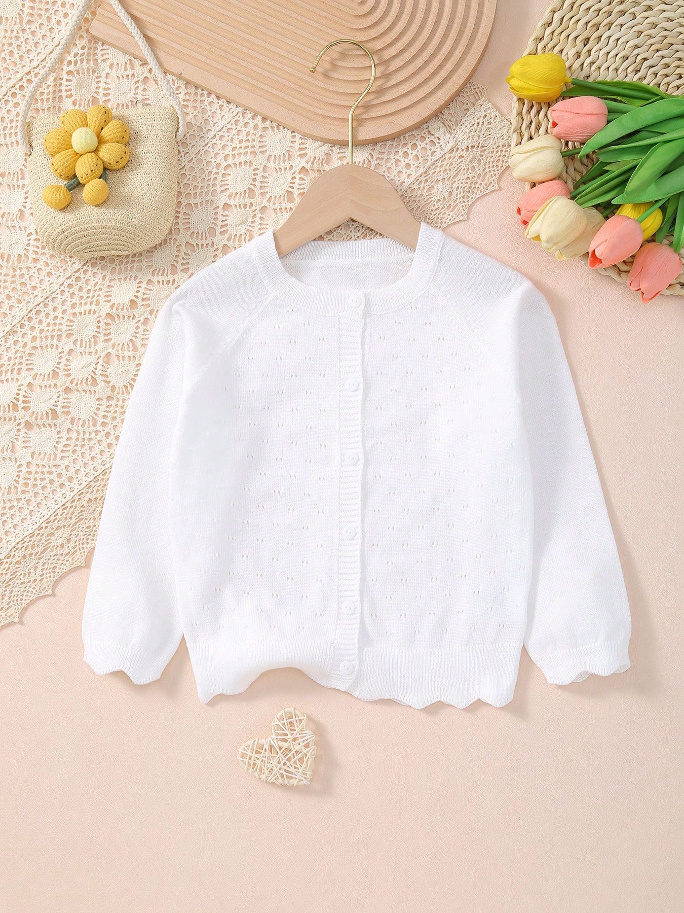 Girls' Solid Color Knitted Lightweight Cardigan, Suitable For Home Wear, Outings Or Eid Al-Fitr Gift