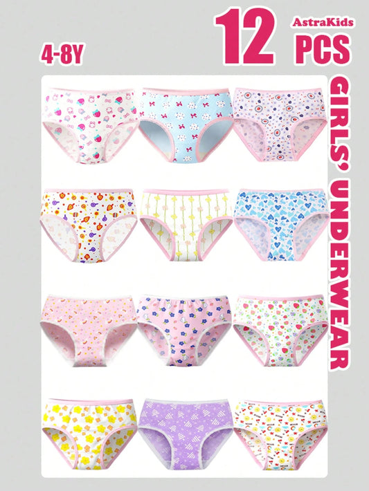 Girls Underwear Soft Micro Fiber Comfortable Colorful Print Panties For Kids 4-8Y (12 Pack)