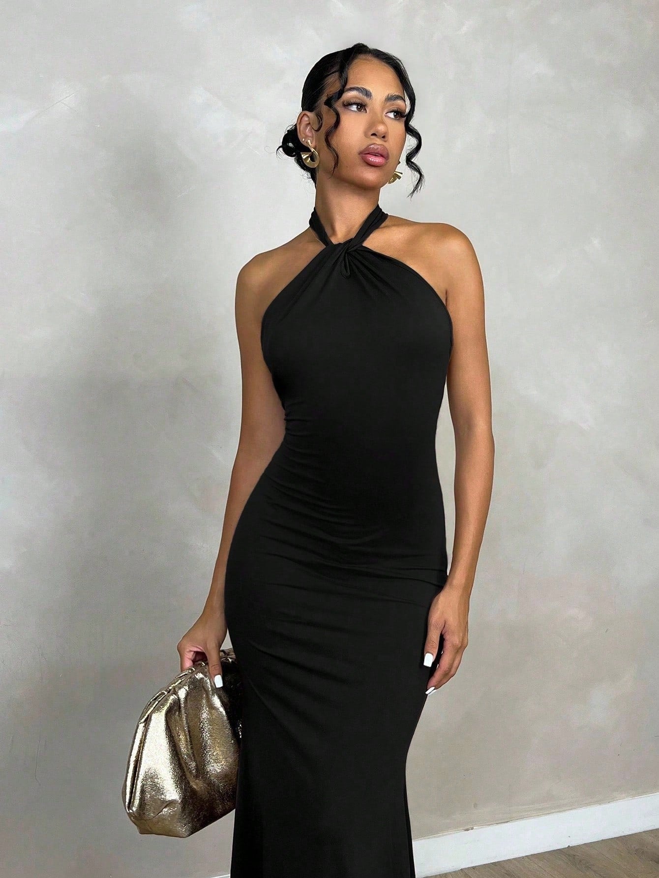 Glamine Plain Color Halter Backless Twist Long Dress, Casual Everyday Wear Maxi Women Outfit