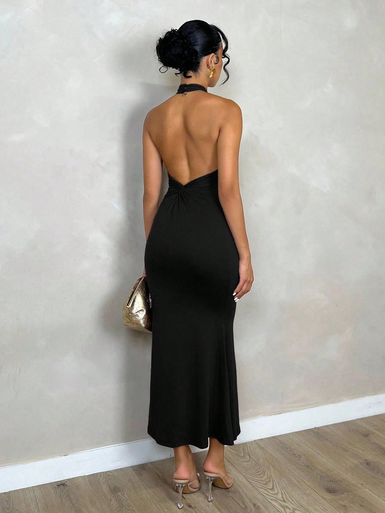 Glamine Plain Color Halter Backless Twist Long Dress, Casual Everyday Wear Maxi Women Outfit