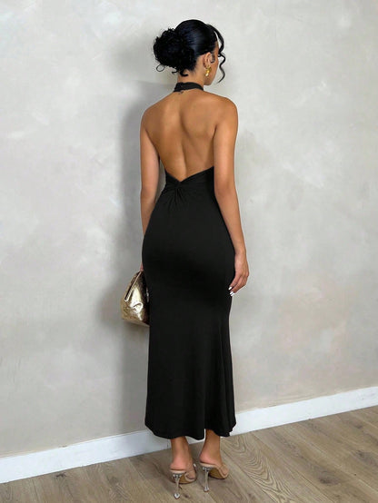 Glamine Plain Color Halter Backless Twist Long Dress, Casual Everyday Wear Maxi Women Outfit