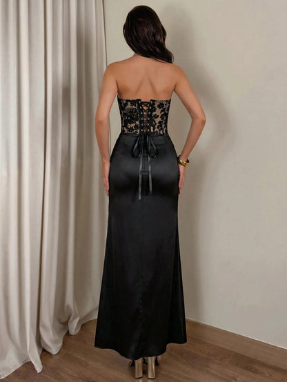 Glamine Women's Strapless Lace Corset Back Drawstring Sexy Long Dress Suitable For Dating, Vacation, Daily Outings, Parties, Outdoor Activities, Commuting, Street Wear