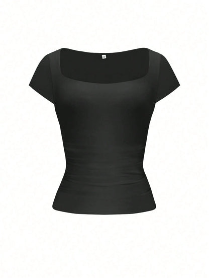 GLAMSKIN Women's Summer/Autumn Basic Striped Square Neck Short Sleeve Fitted Cropped T-Shirt, Casual Sexy Slim Fit Top, Suitable For Back To School, Outings, Beach Vacation