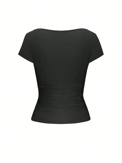 GLAMSKIN Women's Summer/Autumn Basic Striped Square Neck Short Sleeve Fitted Cropped T-Shirt, Casual Sexy Slim Fit Top, Suitable For Back To School, Outings, Beach Vacation