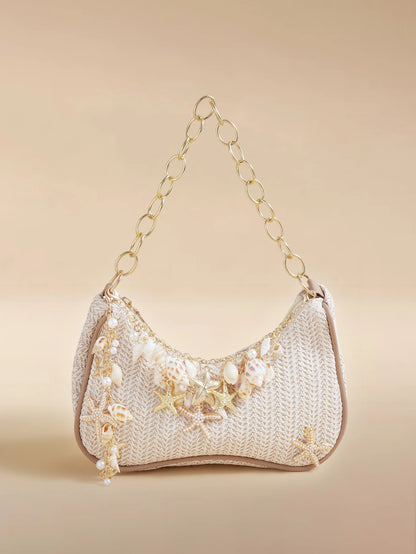 Glizzene Summer Beach Tote Bag- Starfish & Ocean Theme Series. Woven Shell Shoulder Bag With Ocean Style Chain Strap.,Straw Bag