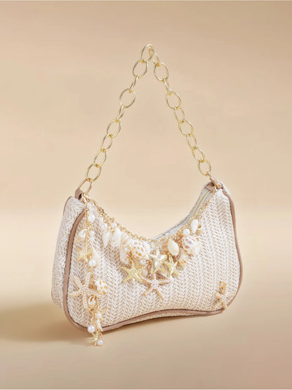 Glizzene Summer Beach Tote Bag- Starfish & Ocean Theme Series. Woven Shell Shoulder Bag With Ocean Style Chain Strap.,Straw Bag