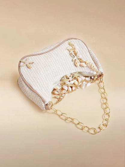 Glizzene Summer Beach Tote Bag- Starfish & Ocean Theme Series. Woven Shell Shoulder Bag With Ocean Style Chain Strap.,Straw Bag
