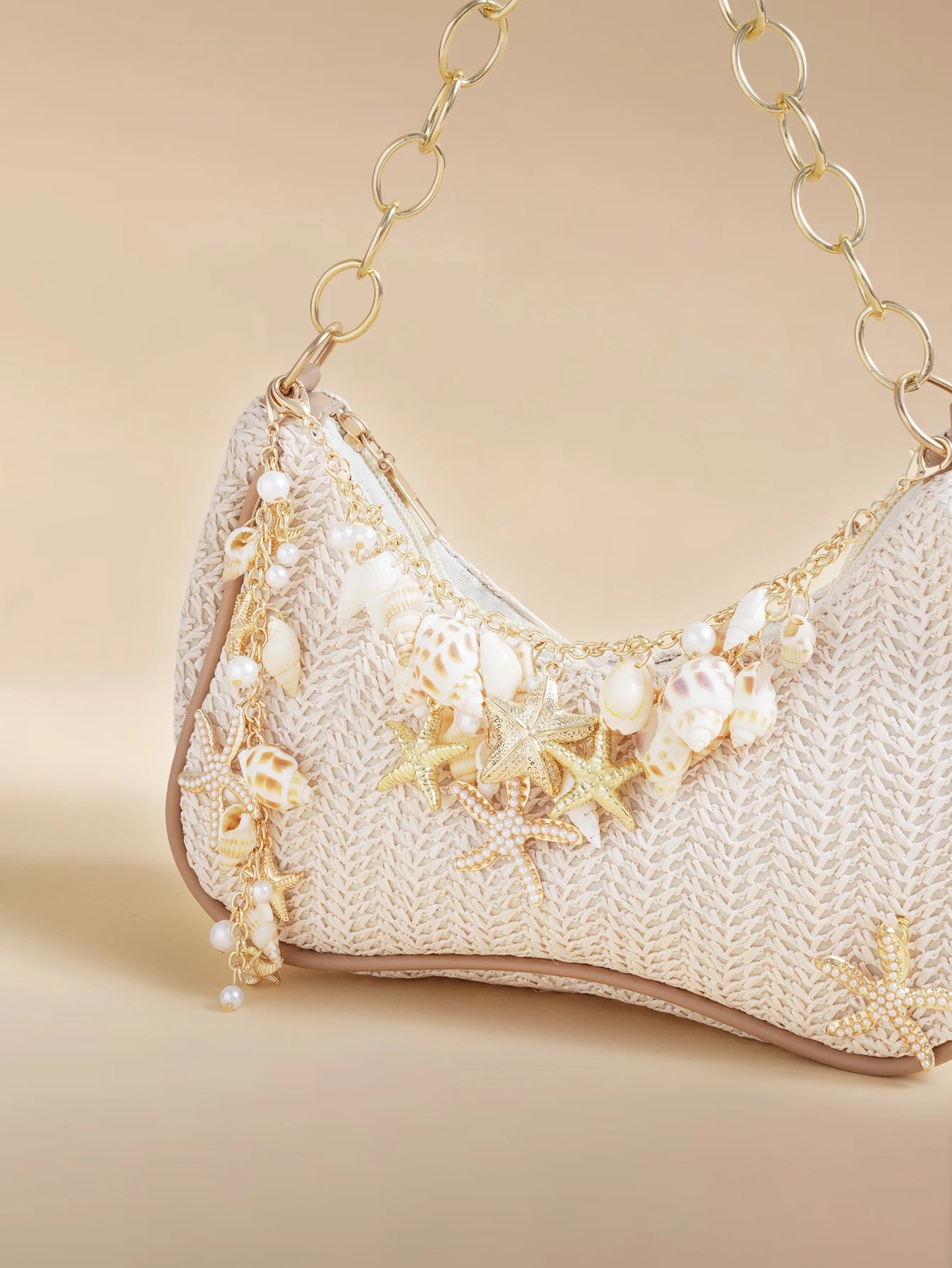 Glizzene Summer Beach Tote Bag- Starfish & Ocean Theme Series. Woven Shell Shoulder Bag With Ocean Style Chain Strap.,Straw Bag
