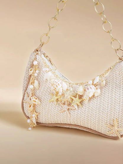 Glizzene Summer Beach Tote Bag- Starfish & Ocean Theme Series. Woven Shell Shoulder Bag With Ocean Style Chain Strap.,Straw Bag