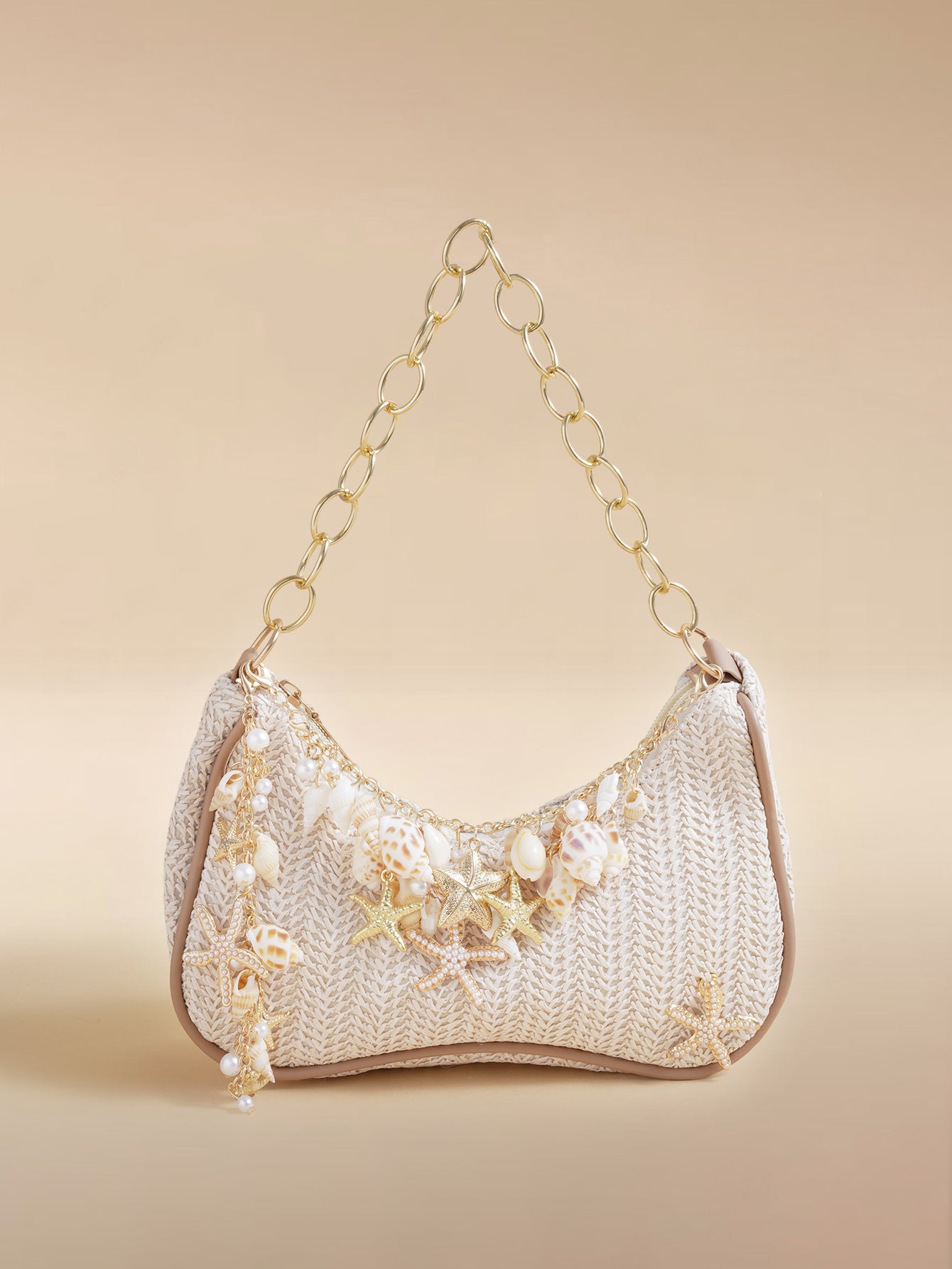 Glizzene Summer Beach Tote Bag- Starfish & Ocean Theme Series. Woven Shell Shoulder Bag With Ocean Style Chain Strap.,Straw Bag