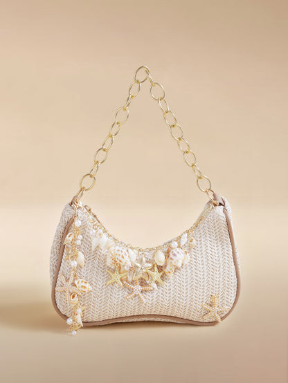 Glizzene Summer Beach Tote Bag- Starfish & Ocean Theme Series. Woven Shell Shoulder Bag With Ocean Style Chain Strap.,Straw Bag