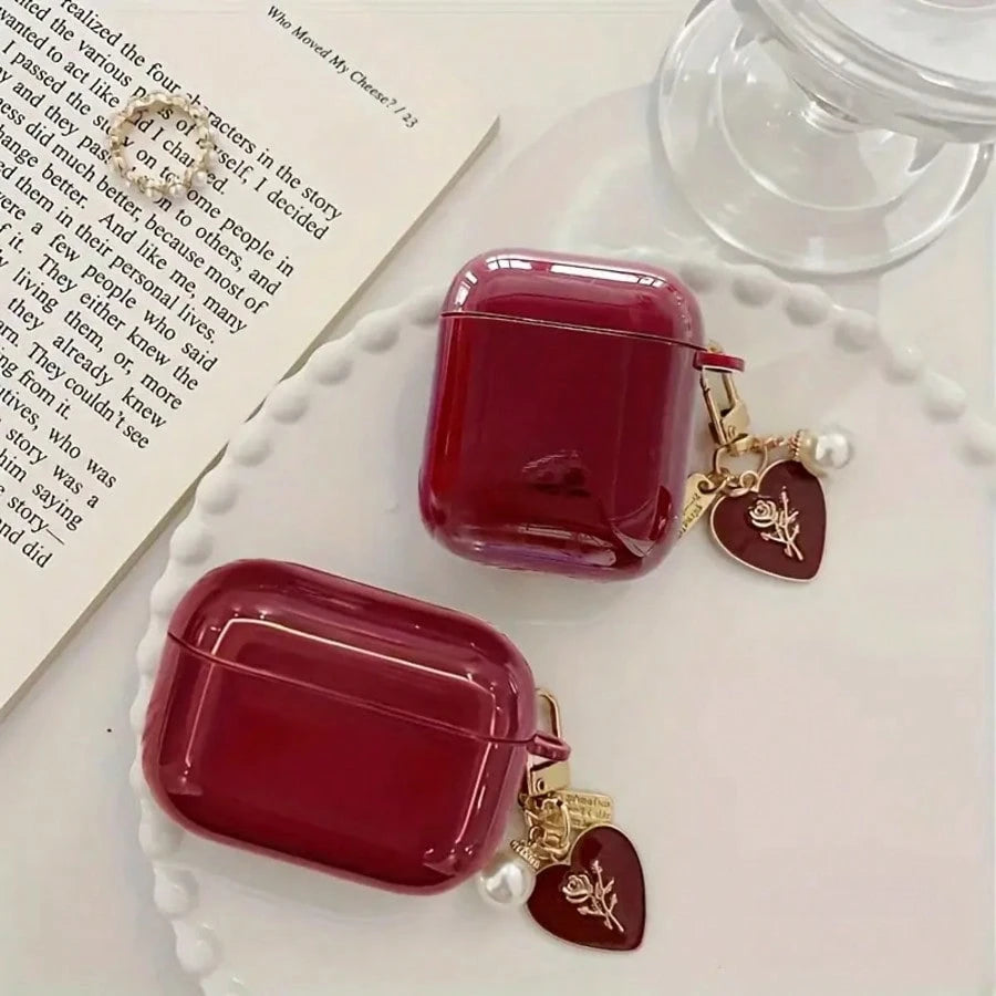 Glossy Wine Red TPU Earphone Protective Case With Faux Pearl Chain And 3D Heart Design, Compatible With Airpods 1/2/3/4, Pro 3/Pro 2, Scratch-Resistant, Shock-Proof, Soft, Mother's Day, Valentine's D