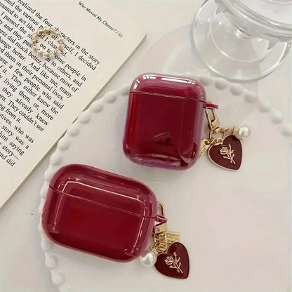 Glossy Wine Red TPU Earphone Protective Case With Faux Pearl Chain And 3D Heart Design, Compatible With Airpods 1/2/3/4, Pro 3/Pro 2, Scratch-Resistant, Shock-Proof, Soft, Mother's Day, Valentine's D