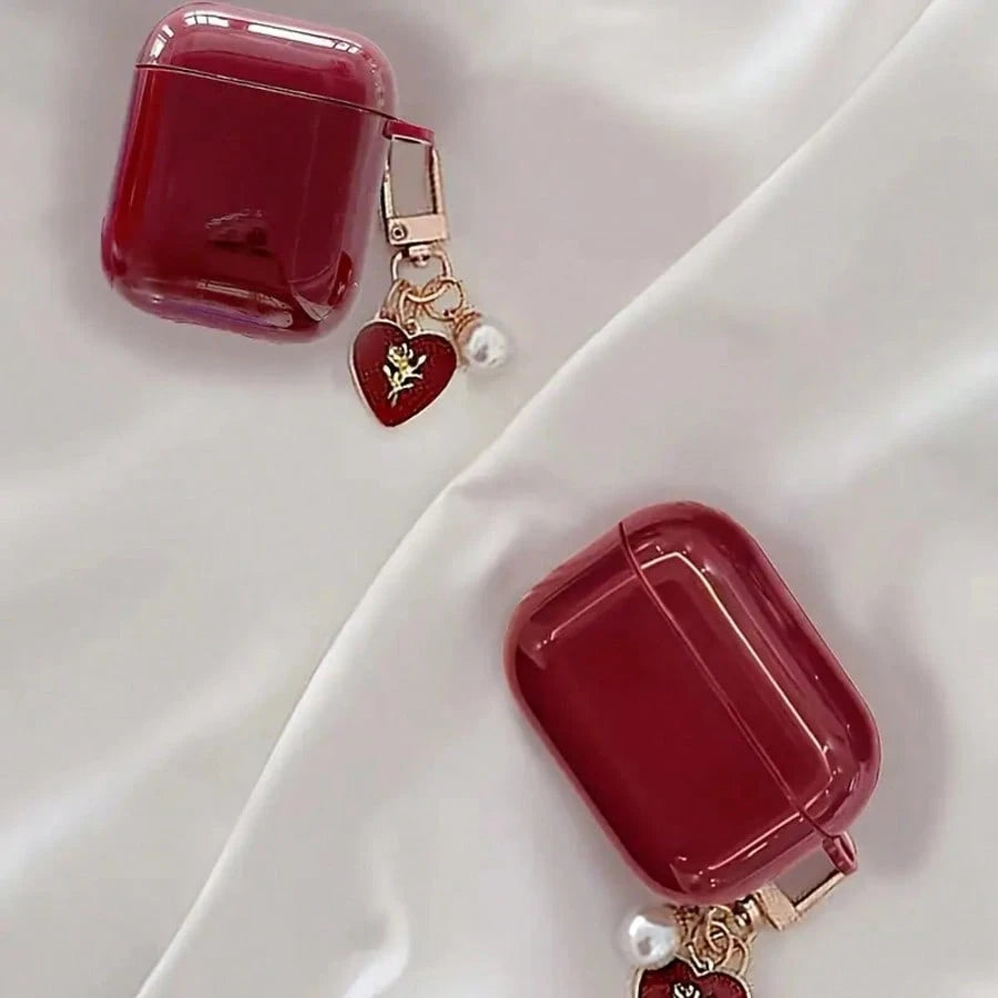 Glossy Wine Red TPU Earphone Protective Case With Faux Pearl Chain And 3D Heart Design, Compatible With Airpods 1/2/3/4, Pro 3/Pro 2, Scratch-Resistant, Shock-Proof, Soft, Mother's Day, Valentine's D