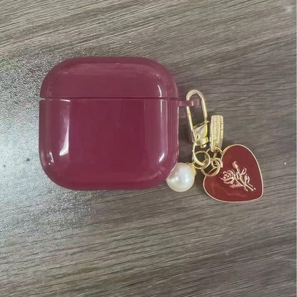 Glossy Wine Red TPU Earphone Protective Case With Faux Pearl Chain And 3D Heart Design, Compatible With Airpods 1/2/3/4, Pro 3/Pro 2, Scratch-Resistant, Shock-Proof, Soft, Mother's Day, Valentine's D