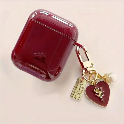 Glossy Wine Red TPU Earphone Protective Case With Faux Pearl Chain And 3D Heart Design, Compatible With Airpods 1/2/3/4, Pro 3/Pro 2, Scratch-Resistant, Shock-Proof, Soft, Mother's Day, Valentine's D