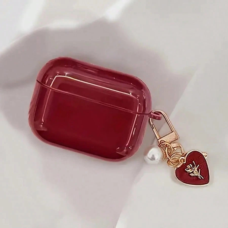 Glossy Wine Red TPU Earphone Protective Case With Faux Pearl Chain And 3D Heart Design, Compatible With Airpods 1/2/3/4, Pro 3/Pro 2, Scratch-Resistant, Shock-Proof, Soft, Mother's Day, Valentine's D