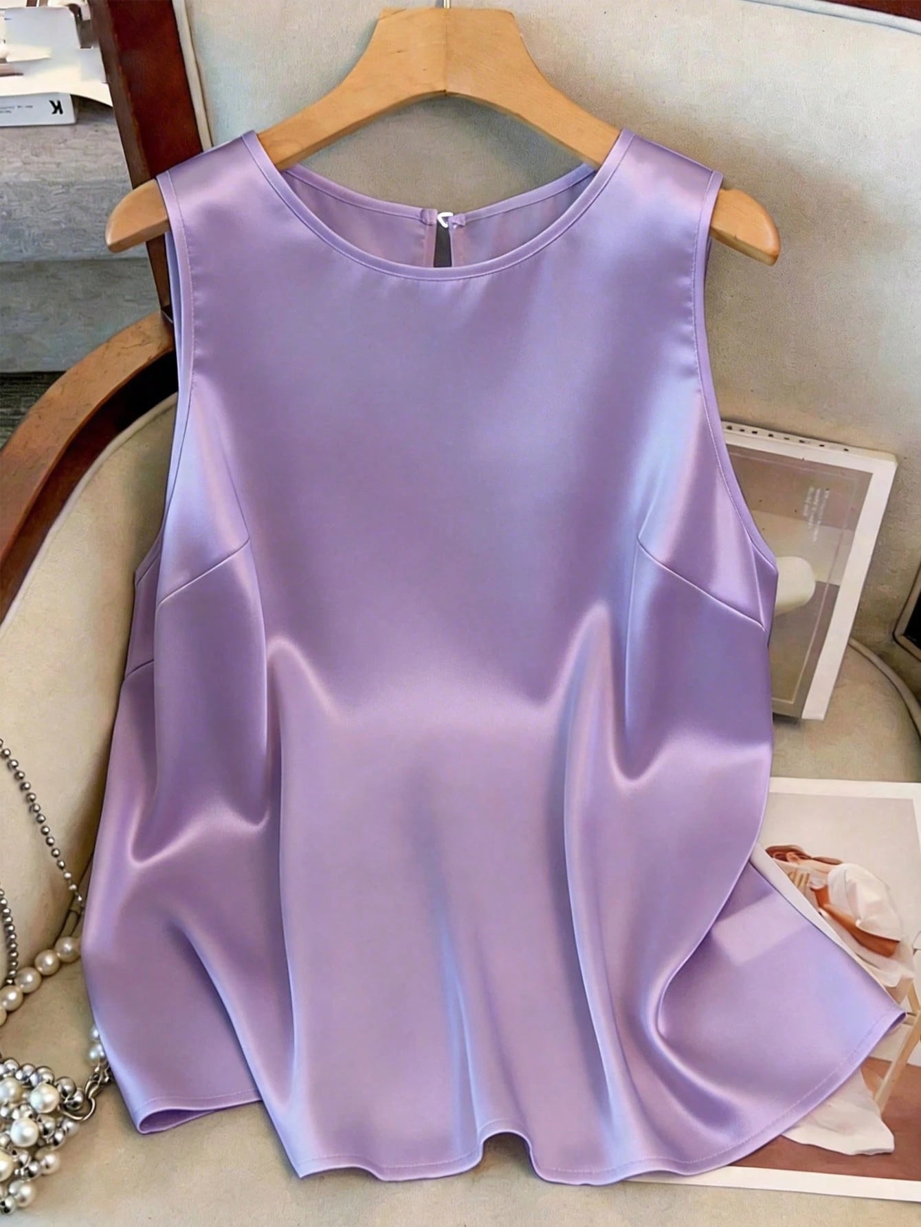 GlowEve CURVE Purple Summer Plus Size Women Elegant Formal Round Neck Camisole Blouse,Satin Shiny Fabric Fit Top For Daily Commute And Outdoor Activities