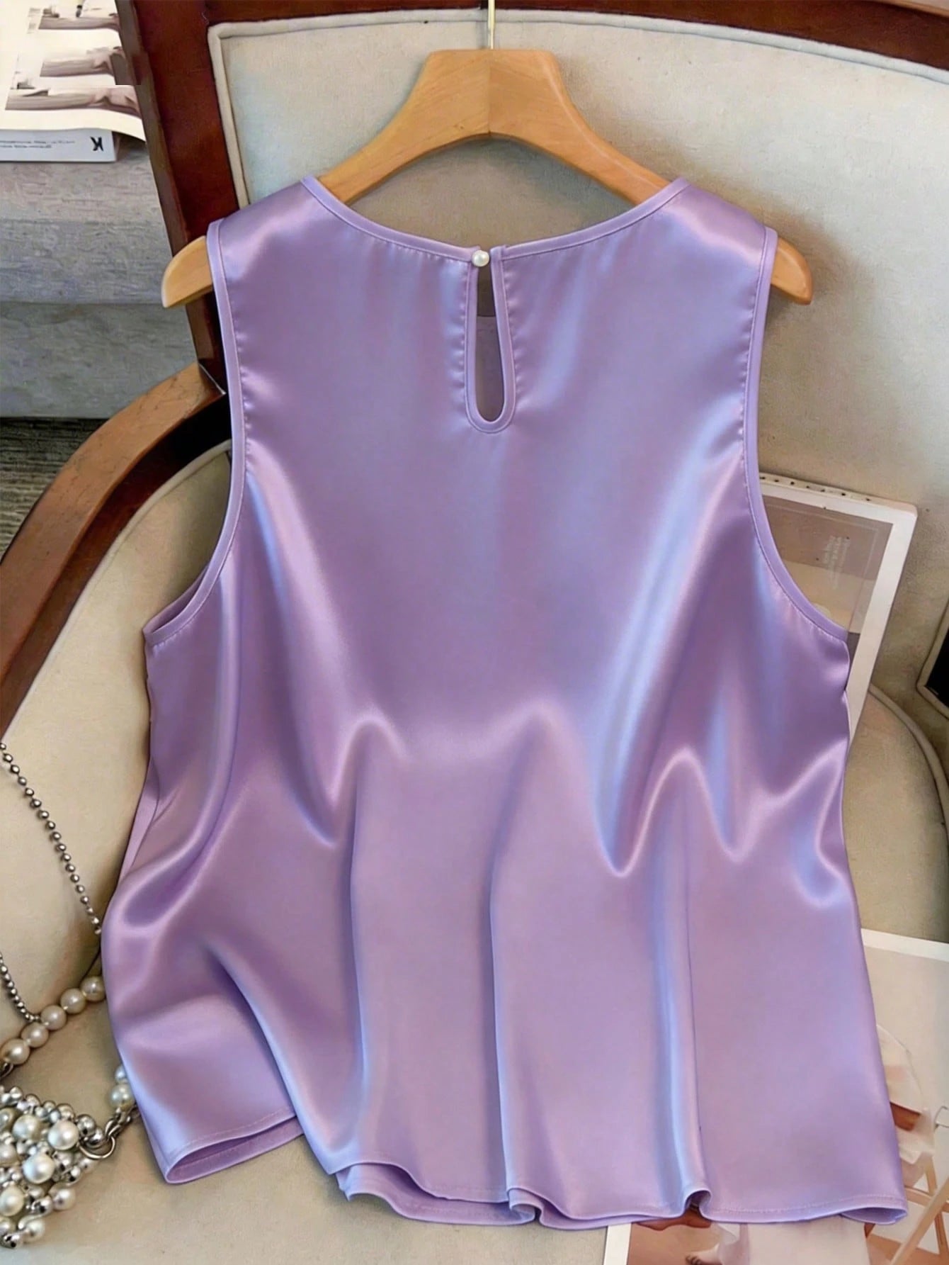 GlowEve CURVE Purple Summer Plus Size Women Elegant Formal Round Neck Camisole Blouse,Satin Shiny Fabric Fit Top For Daily Commute And Outdoor Activities
