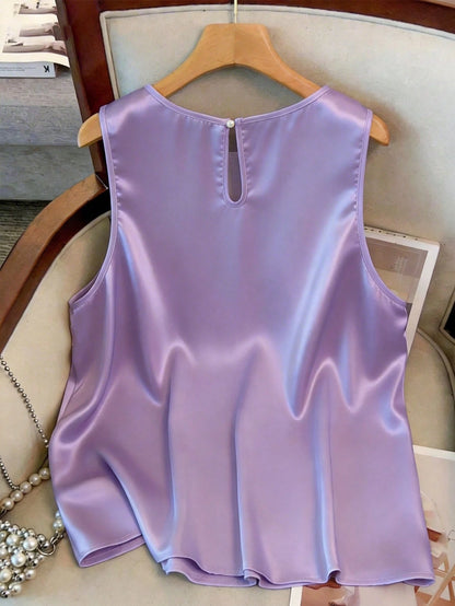 GlowEve CURVE Purple Summer Plus Size Women Elegant Formal Round Neck Camisole Blouse,Satin Shiny Fabric Fit Top For Daily Commute And Outdoor Activities