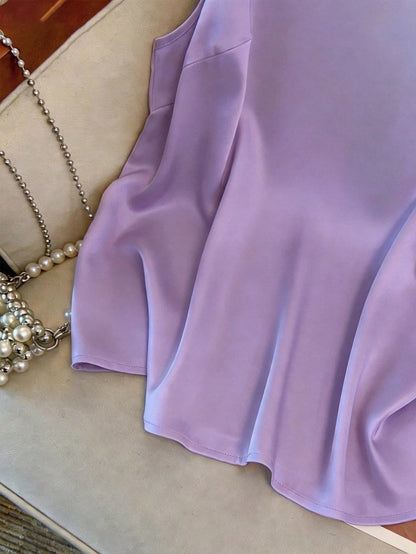 GlowEve CURVE Purple Summer Plus Size Women Elegant Formal Round Neck Camisole Blouse,Satin Shiny Fabric Fit Top For Daily Commute And Outdoor Activities