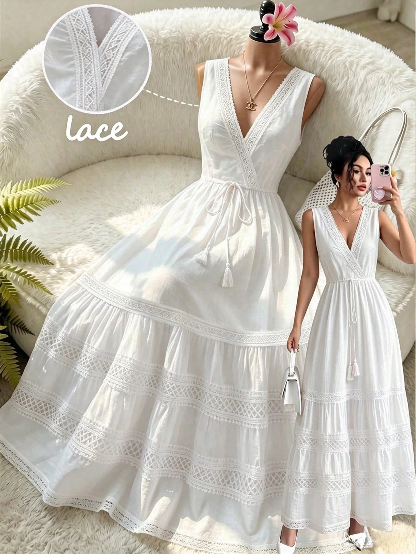 GlowEve Elegant Sexy Holiday Vacation Outfit Summer French Minimalist Sleeveless V-Neck Hollow Lace Waist Cinched Long Dress, White Design