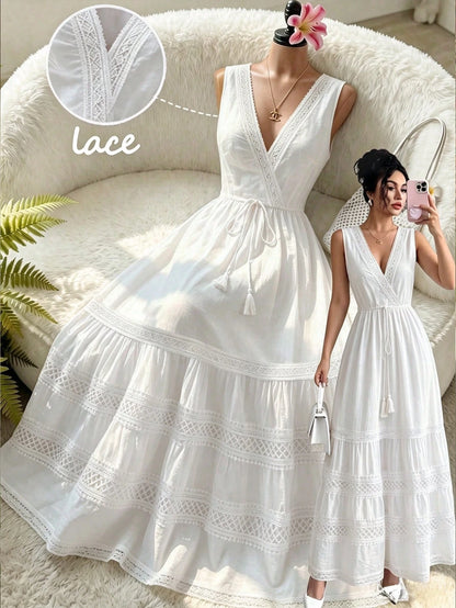 GlowEve Elegant Sexy Holiday Vacation Outfit Summer French Minimalist Sleeveless V-Neck Hollow Lace Waist Cinched Long Dress, White Design